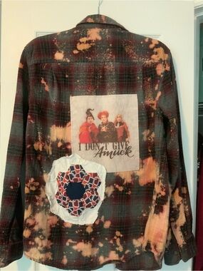 Upcycled Bleached Plaid Flannel Shirt Featuring Hocus Pocus & Floral Appliqué.